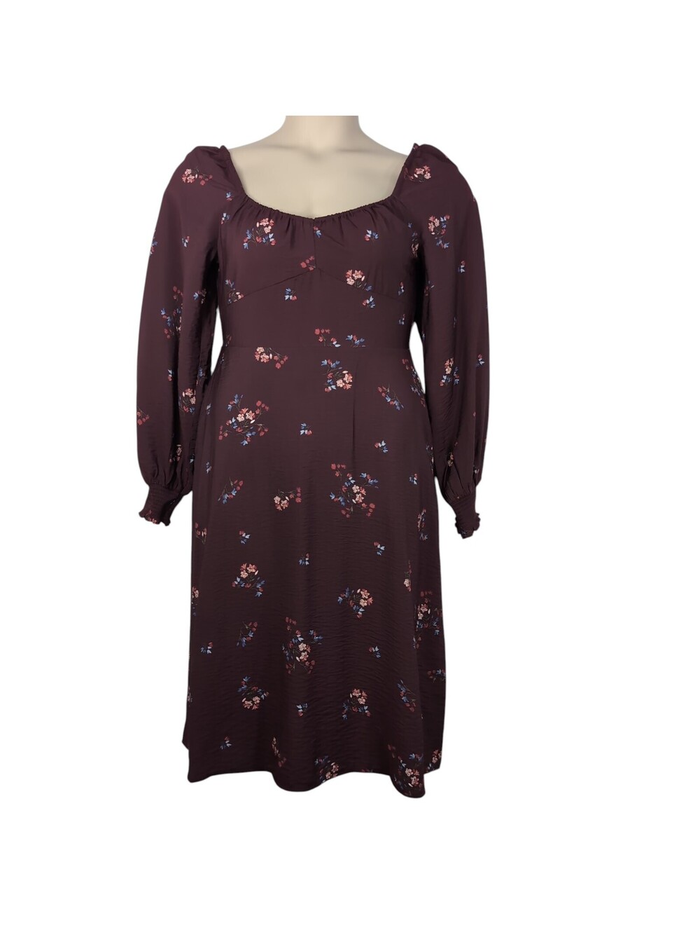 a.n.a. Autumn Prairie Elegance Maroon Floral A-Line Dress Size S Puff Sleeves